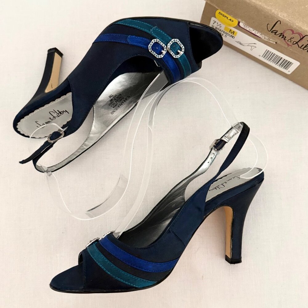 Sam and Libby Heels Size 7 Blue Multi Satin Slingback Open Toe Pumps Y2K - Picture 3 of 9